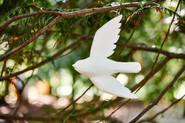 Kamu parkındaki ağaç dalına asılı beyaz kuş dekoratif ahşap figür, sanat objesi şehir parkı dekorasyonu özgürlük ve çevre saflığının sembolü. Kozalaklı dalda asılı beyaz kuş heykeli