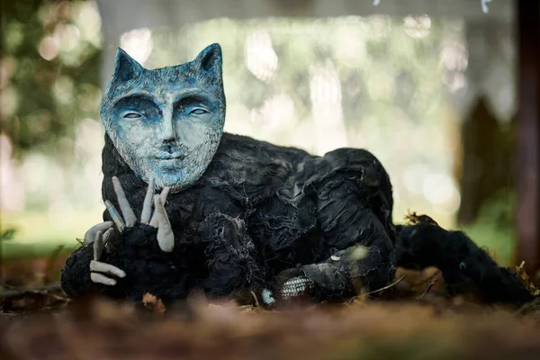 Schwarze Katze Mit Menschlicher Gesichtsmaske Kunstobjekt Bei Einer Kunstausstellung Öffentlichen — Stockfoto