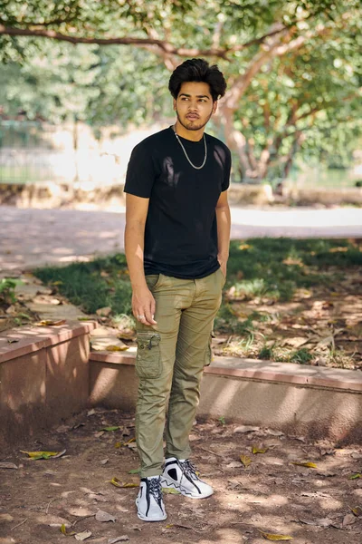 Atractivo Retrato Hombre Indio Joven Altura Completa Camiseta Negra Cadena — Foto de Stock