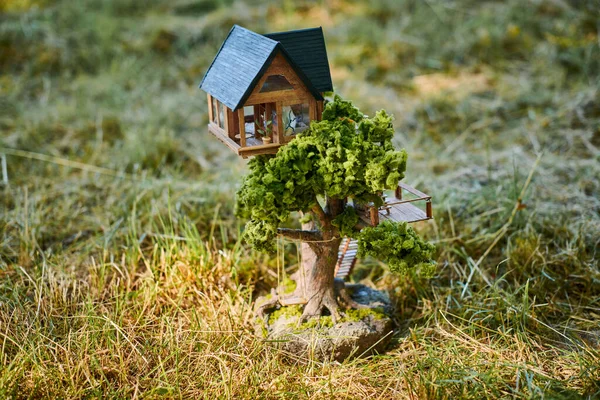 Kleine Poppenhuis Aan Voorzijde Gazon Schattig Klein Decoratief Huis Groen — Stockfoto