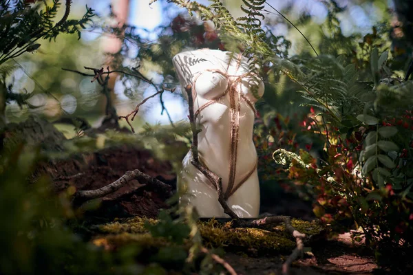 Female statue art object bound with rope in Japanese Shibari style in bushes outdoor green forest background, beauty of female body and nature concept. Limbless white woman figure tied with rope