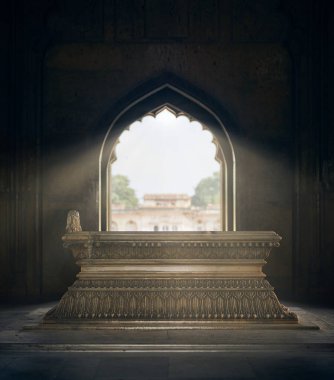 Hindistan, Yeni Delhi 'deki Safdar Jang mozolesi. Nawab Safdarjung' un Hindistan mermer mezarı. Hint mimarisinin gizemli atmosferi.