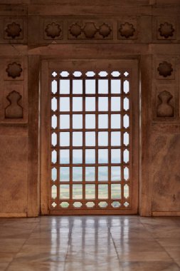Agra Kırmızı Kalesi 'ndeki dekoratif ağ penceresi, güzel duvar süslemeleri olan güzel antik pencereler, Agra Kırmızı Kalesi' ndeki eski Hint el yapımı süslemeli antik pencereler.