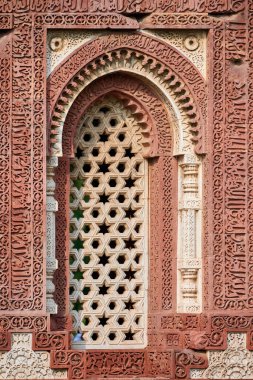 Alai Darwaza 'nın dekoratif pencere panjurları Güney Delhi, Hindistan' daki Kutub binasının bir parçası, kırmızı kumtaşı ve Alai Darwaza ana kapısının antik pencere süslemeleri.