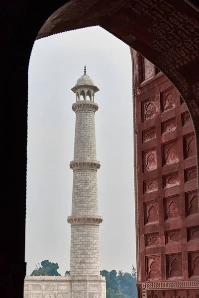 Minaretul Mausoleului Din Marmură Albă Taj Mahal Din Agra Uttar — Fotografie, imagine de stoc