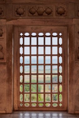 Agra Kırmızı Kalesi 'ndeki dekoratif ağ penceresi, güzel duvar süslemeleri olan güzel antik pencereler, Agra Kırmızı Kalesi' ndeki eski Hint el yapımı süslemeli antik pencereler.