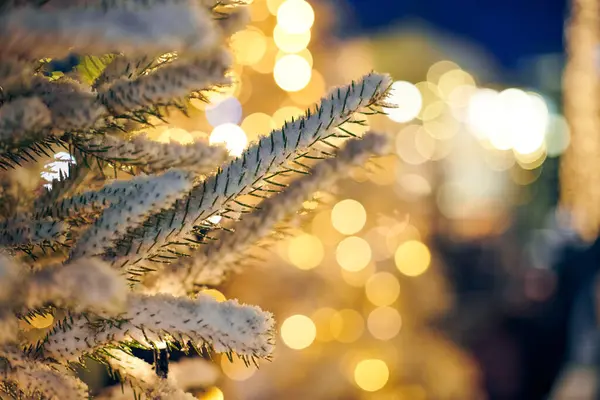 Weihnachtsbaum Bedeckt Schnee Mit Gelben Girlanden Lichter Und Bokeh Kopierraum — Stockfoto