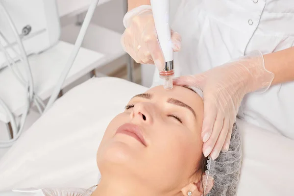Beautician Makes Aqua Exfoliation Rejuvenation Woman Face Skincare Aging Cosmetic Stock Photo