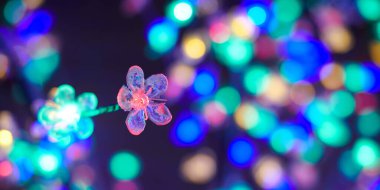 Bayramlarda dekoratif parlak çiçeklerden gelen çok renkli ışıklar, bulanık arka plan, boklu soyut açık hava ışıkları. Renkli çiçeklerin ışıkları ve güzel bokeh geceleri.