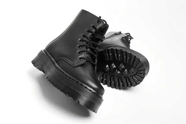 Black Women Combat Boots High Heel Platform Lug Soles Lying — Stock Photo, Image