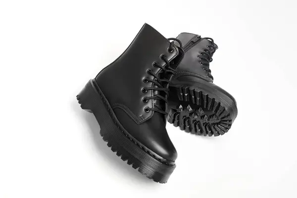 Black Women Combat Boots High Heel Platform Lug Soles Lying — Stock Photo, Image