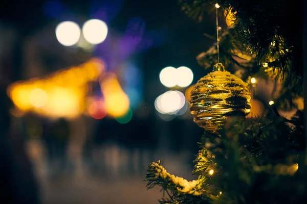 Christmas Tree Decorations Covered Snow Outdoor Xmas Tree Decorative Yellow — Stock Photo, Image