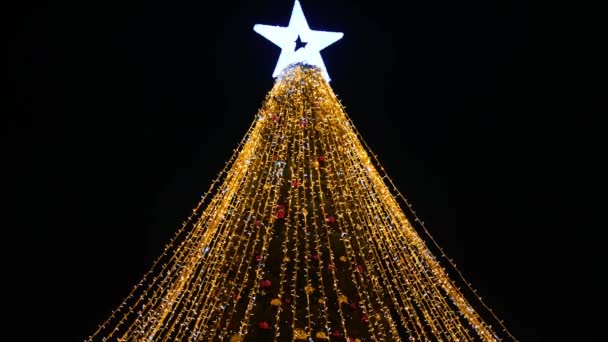 新年のクリスマスツリーは夜に緑の木の上に黄色い点滅するガーランドおよび白い星が付いているクリスマス ボールを飾りましたり 輝くライトが付いているメリークリスマスおよび幸せな新年の気分 — ストック動画