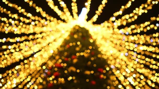 Yılbaşı Ağacında Yanıp Sönen Çelenklerin Bulanık Işıkları Gece Süslenmiş Noel — Stok video