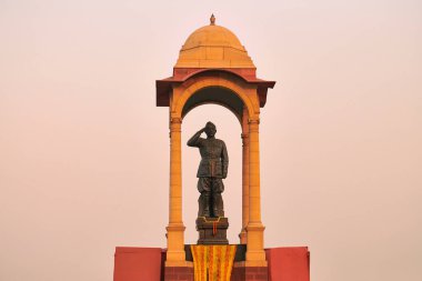 Subhas Chandra Bose heykeli Hindistan Kapısı savaş anıtının arkasında, Yeni Delhi 'de siyah granitten yapılmış anıtsal Netaji heykeli Hint Ulusal Ordusu' nun özgürlük savaşçısını ölümsüzleştirdi