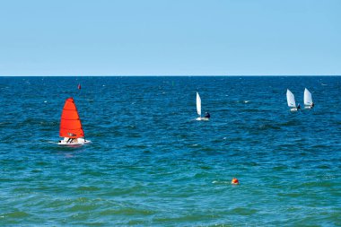 Blue sea sailing regatta, nautical spectacle sport sailing competition among yacht club participants symbolizing spirit of maritime sailing challenge, yacht racing hobby clipart