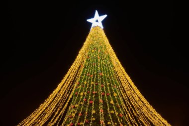 Yılbaşı ağacı süsledi Noel balolarını sarı yanıp sönen çelenklerle ve yeşil ağaçtaki beyaz yıldız süsüsüyle, mutlu noeller ve parıldayan ışıklarla mutlu noeller.