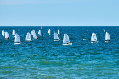 Mavi deniz yelkenli yelkenli yelkenli yarışı, yat kulübü katılımcıları arasında denizcilik sporu müsabakası, yat yarışı hobisi.