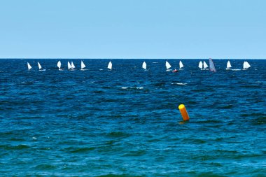 Mavi deniz yelkenli yelkenli yelkenli yarışı, yat kulübü katılımcıları arasında denizcilik sporu müsabakası, yat yarışı hobisi.