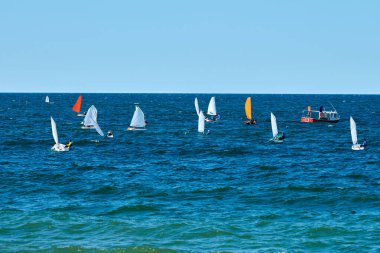 Blue sea sailing regatta, nautical spectacle sport sailing competition among yacht club participants symbolizing spirit of maritime sailing challenge, yacht racing hobby clipart