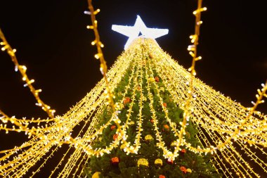 Yılbaşı ağacı süsledi Noel balolarını sarı yanıp sönen çelenklerle ve yeşil ağaçtaki beyaz yıldız süsüsüyle, mutlu noeller ve parıldayan ışıklarla mutlu noeller.