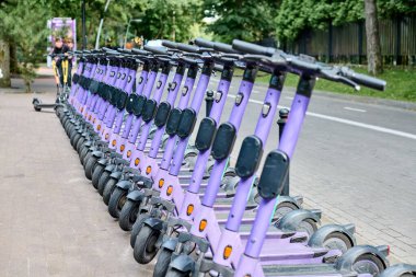 Mor e-scooter 'lar kaldırımda düzgünce dizilmiş. Arka planda yeşil ağaçlar, yumuşak gün ışığı, kentsel atmosfer, düzen ve hazırlık hissi yaratıyor
