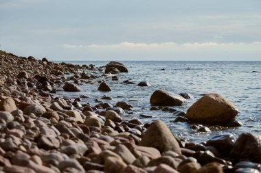 Kıyı şeridi sakin okyanusa doğru uzanır ve pürüzsüz taşlar kıyı boyunca dağılır. Yumuşak dalgalar rahatlatıcı bir ortam yaratır. Huzurlu ve sakin bir atmosferi yansıtır.