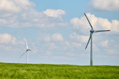 Üç rüzgar türbini yemyeşil buğday tarlasında duruyor. Parlak mavi gökyüzü ve arka planda dağınık beyaz bulutlar.