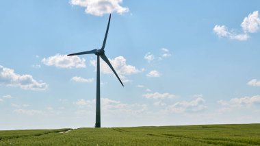 Rüzgar türbini, parlak mavi gökyüzünün altındaki yemyeşil buğday tarlasında kabarık beyaz bulutlarla dimdik ayakta duruyor.