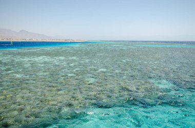 Kızıl Deniz 'in berrak gökyüzünün altında canlı turkuaz suları gösteren hava manzarası. Sakin dalgalar ince desenler oluşturur, uzak ufuklarla buluşur.