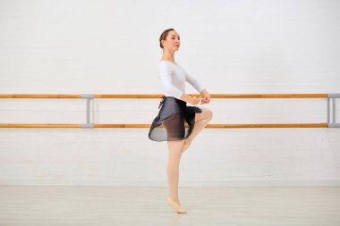 Beyaz bluzlu, kahverengi saçlı, siyah etekli ve pembe taytlı genç bayan balerin parlak stüdyoda dans ediyor. Tahta parmaklıklar tarafsız duvarlı.