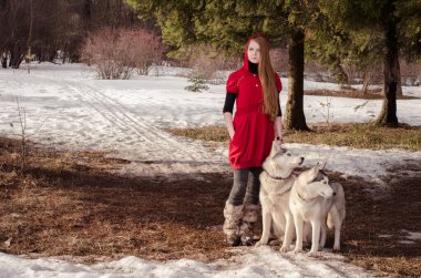 Kırmızı elbiseli genç beyaz kadın karlı ormanda Huskies ile duruyor. Güneş ışığı ağaçların arasından süzülür, yere gölge düşürür. Sahne peri masalı atmosferini çağrıştırıyor