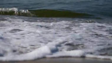 Kumlu sahilde hafif dalgaların dalgalandığı sakin bir sahil sahnesi. Yumuşak ışık, sakin bir atmosfer yaratır, su ve karanın buluşmasını ön plana çıkarır. Mavilerin ve bronzların ince gradyanı görüntüyü zenginleştirir