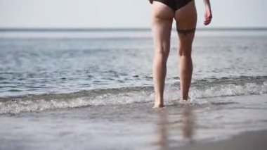 Siyah saçlı genç bir kadın yazın Baltık Denizi kıyısında yürür. Sakin su, kumlu sahil ve berrak gökyüzü sakin bir atmosfer yaratır. Havalı, doğal tonlarda baskın bir sahne.