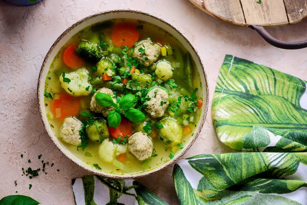 Meetball Legumes Soup Style Hugge Selective Foco — Fotografia de Stock