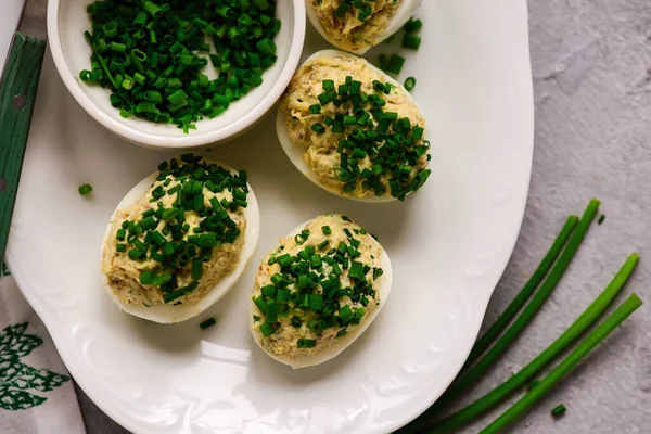 Easter Deviled Eggs Top Veiw Style Hugge Selective Focus — стоковое фото