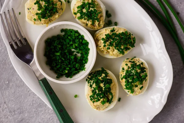 Pascua Deviled Eggs Top Veiw Style Enfoque Hugge Selective —  Fotos de Stock