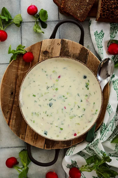 Okroshka Traditional Russian Cold Soup Table — Stock Photo, Image