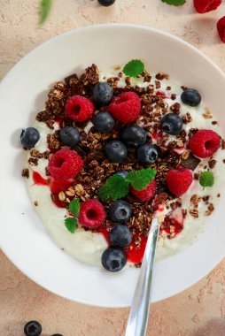 Yunan Jogurt 'lu granola ve taze böğürtlen. Stil kucaklaşması. Üst düzey seçici odak