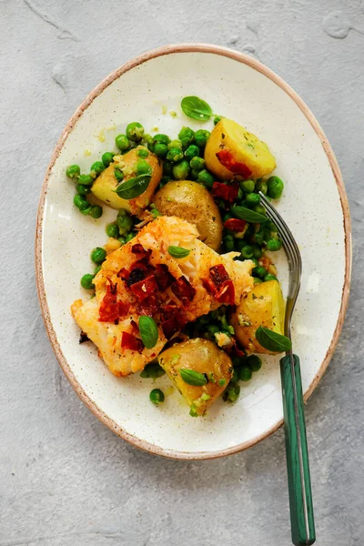 Cod Fillet Potato Pesto Salad Top Veiw Style Hugge Selective — Stock Photo, Image