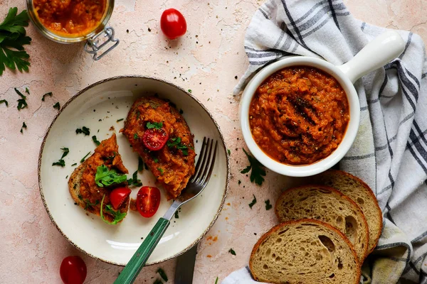 Hausgemachter Squash Kaviar Mit Brot Ansicht Von Oben Selektiver Fokus — Stockfoto