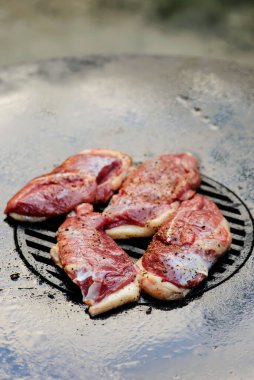 Açık havada kiraz soslu ördek göğsü. Tarz rustik. Seçici odaklanma.