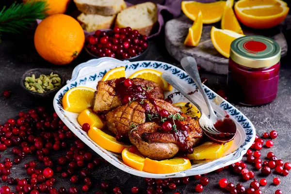 Eendenborst Met Sinaasappel Cranberry Sauce Style Rustic Selectieve Focus Stockfoto