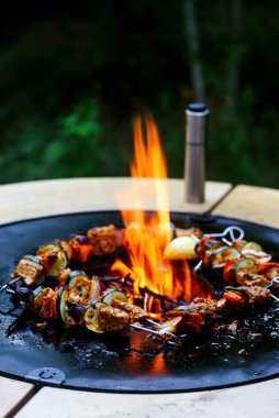 Açık hava ızgarasında Fas balığı kebabı. Kırsal alanda. Seçici bir odak noktası.