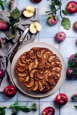 Tam buğday aromalı elmalı turta. Seçici odaklanma. biçim kucaklaşması