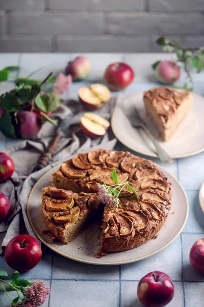 Tam buğday aromalı elmalı turta. Seçici odaklanma. biçim kucaklaşması