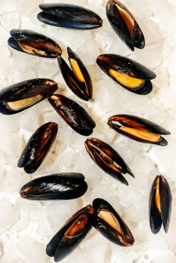 Buzlu taze, çiğ midyeler. Üst manzara. Tarz kırsal. seçici odak