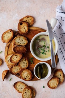 Tavuk ciğeri ezmesi ve kızarmış ekmek. Stil sarılması. Seçici odaklanma