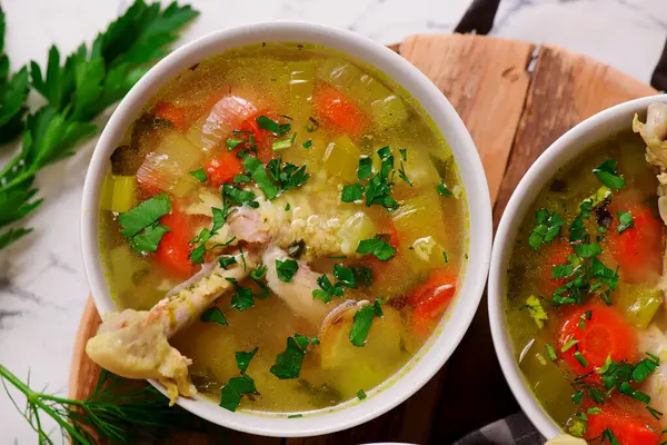 Sopa Verduras Con Pollo Horno Limón Top Veiw Style Hugge Fotos de stock