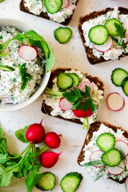 Süzme peynirli, otlu ve turplu kanepeler. Üst görünüm. Seçici odak